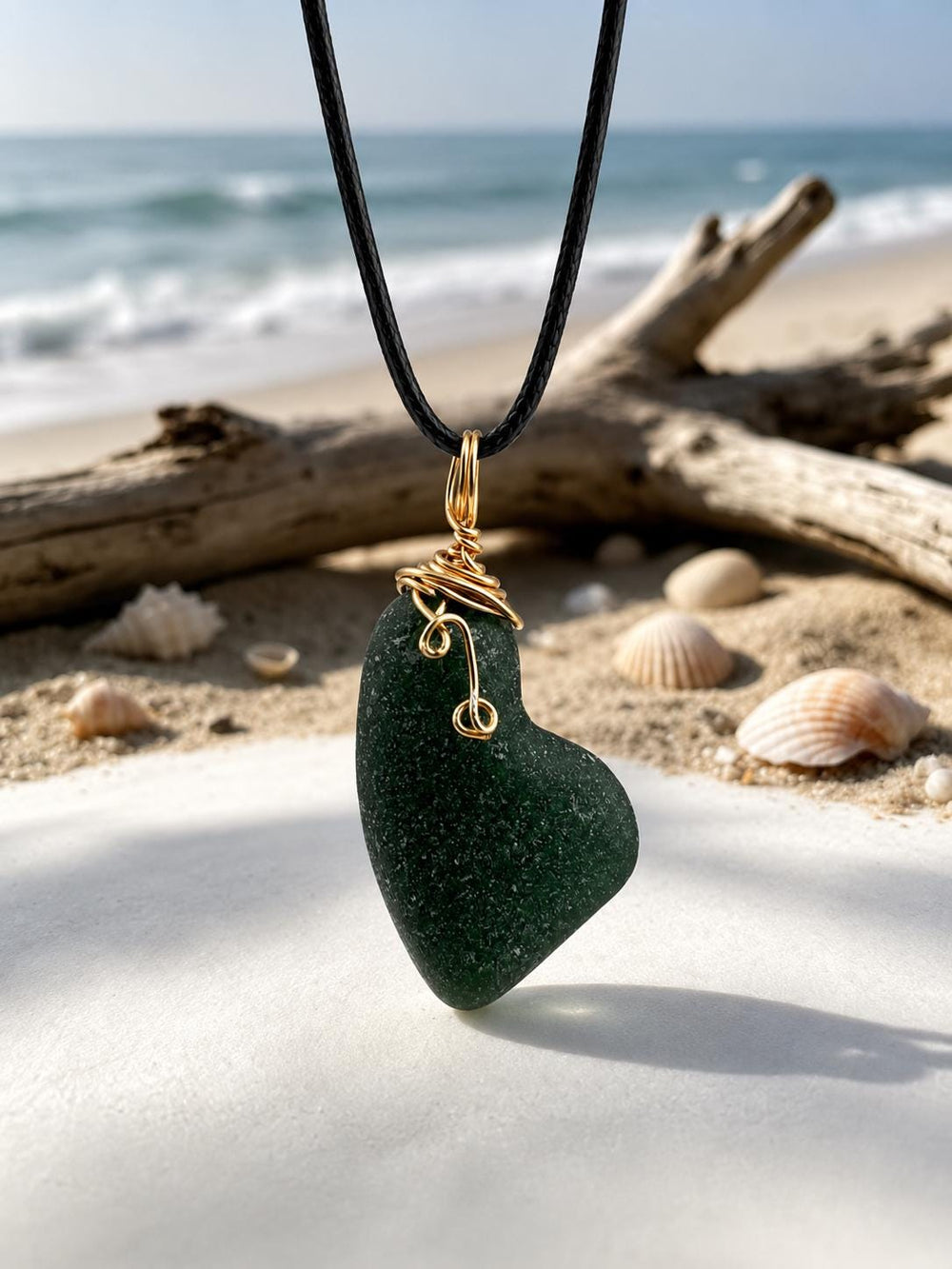 Caribbean Hunter Green Sea Glass Pendant: Gold Wire Wrapped, Stainless Steel Chain