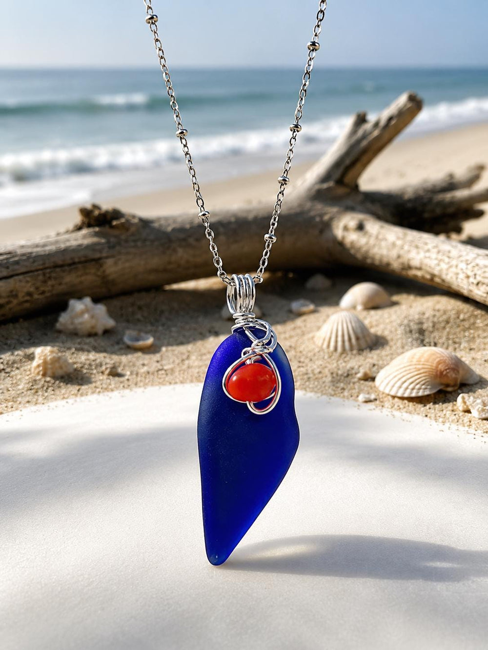 Cobalt Sea Glass Pendant – Caribbean Necklace with Red Glass Bead