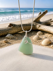 Rare Mint Milk Glass Sea Glass Necklace: Hand-Wrapped Caribbean Pendant