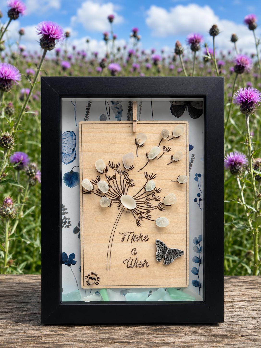 Sea Glass Art: Dandelion « Make a Wish », Butterfly - Framed Personalized Unique Friendship Birthday Gift