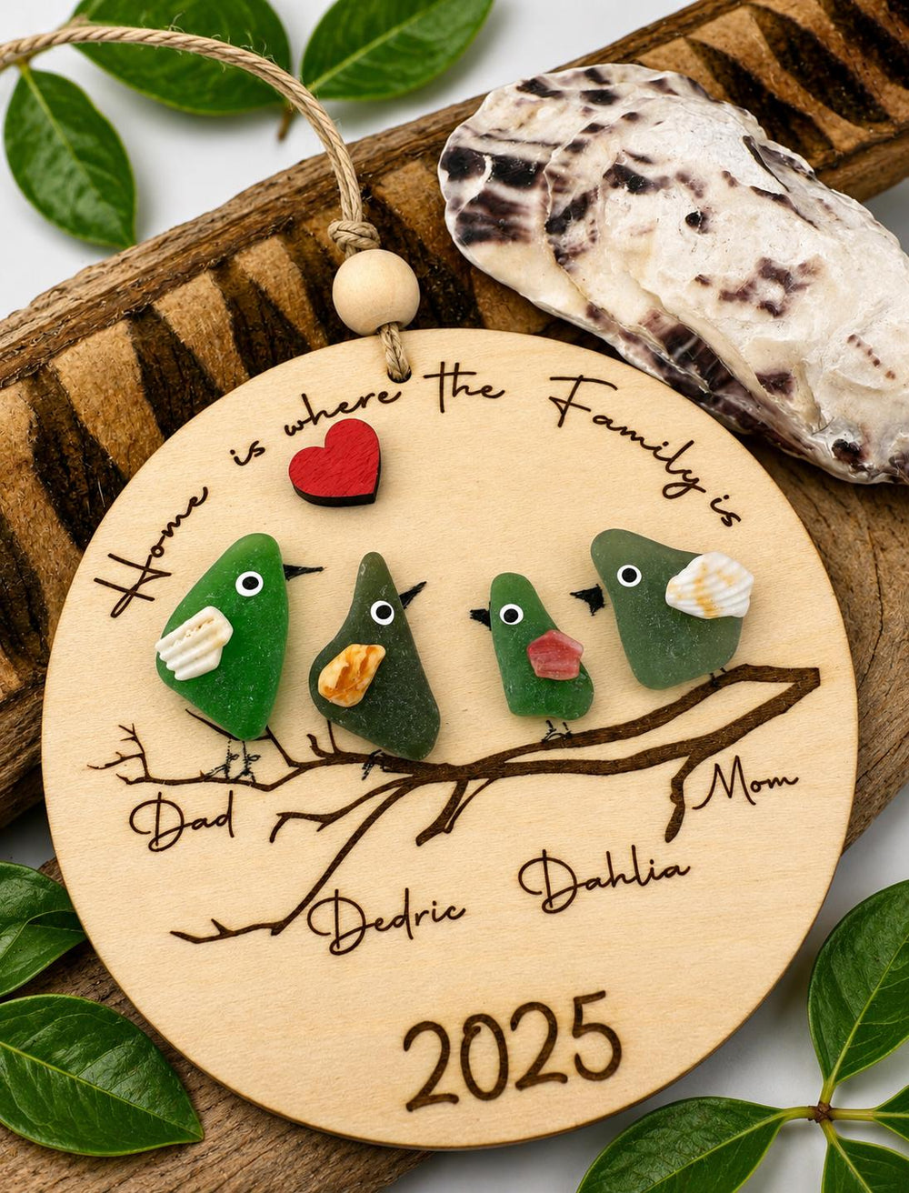 Personalized Sea Glass Bird Family Tree, Laser Cut Wooden Keepsake Ornament
