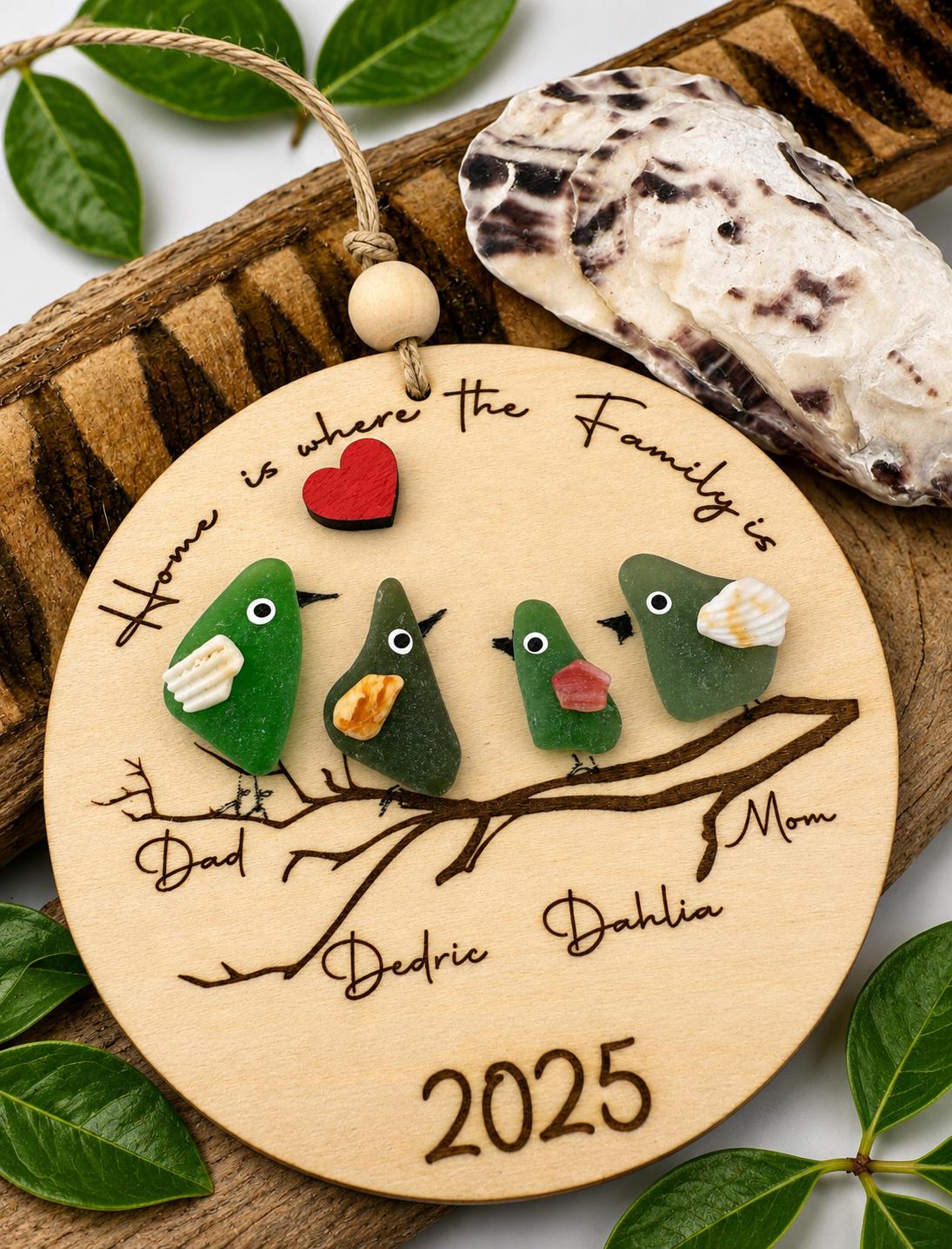 Personalized Sea Glass Bird Family Tree, Laser Cut Wooden Keepsake Ornament