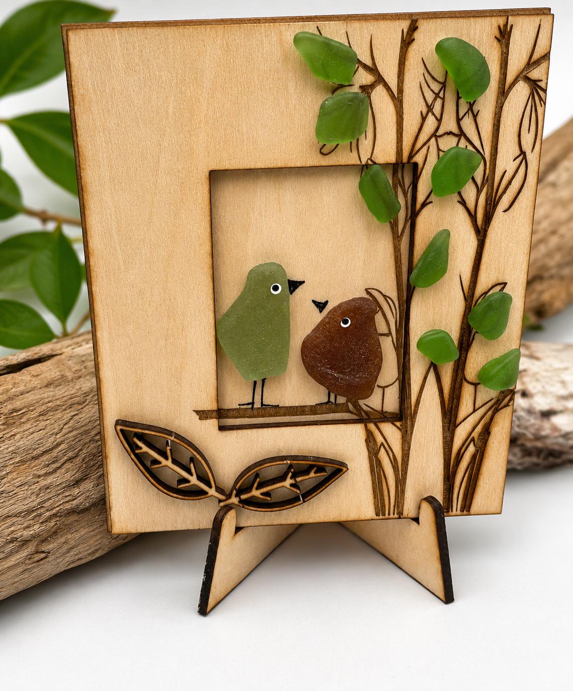 Genuine Sea Glass Friendship Birds – Handmade Coastal Bird Art with Wooden Easel