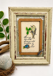 Framed Sea Glass Bird Art: Vintage Friendship Gift with Feather