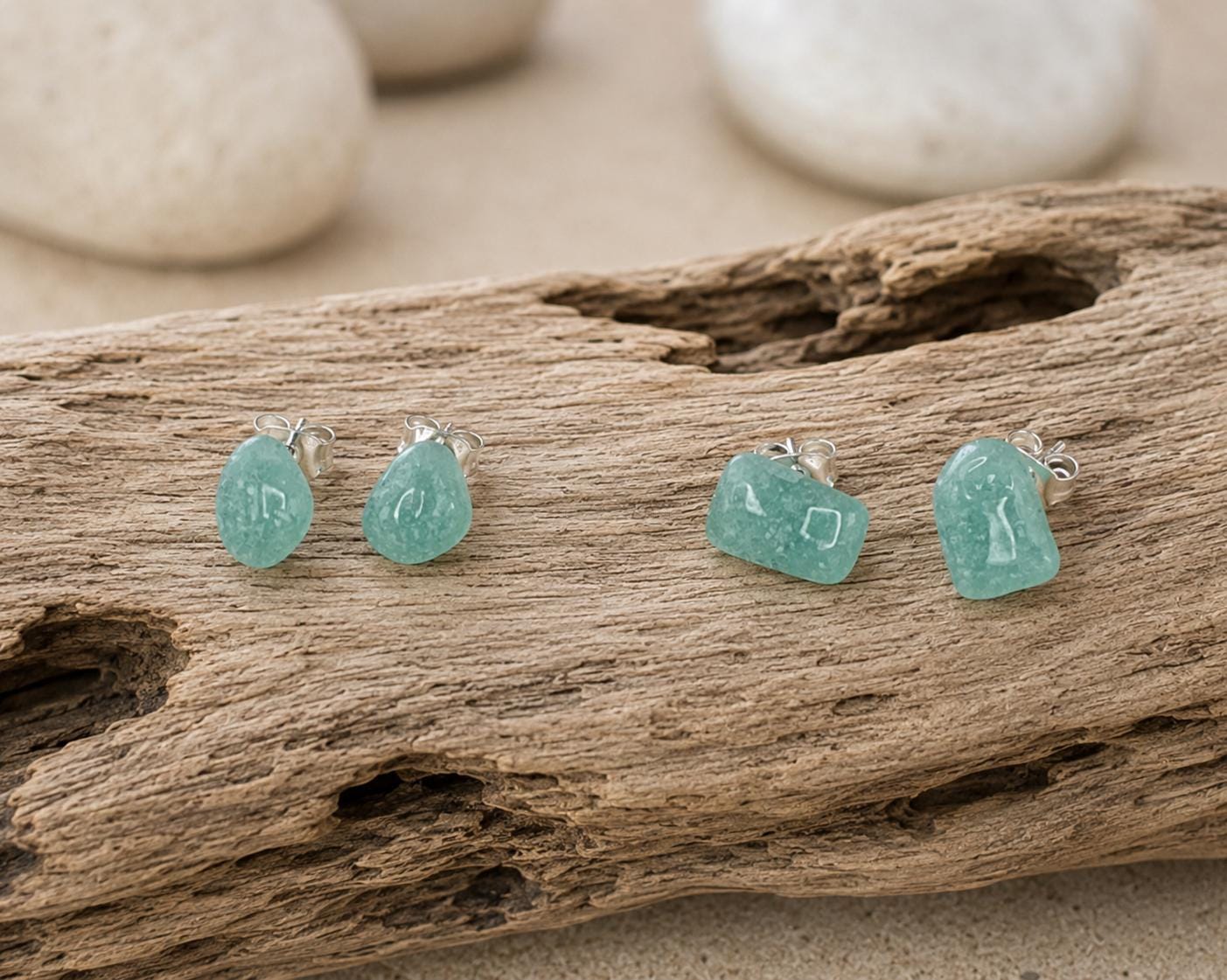 Caribbean Sea Glass & Resin Stud Earrings, Hypoallergenic Boho Jewelry