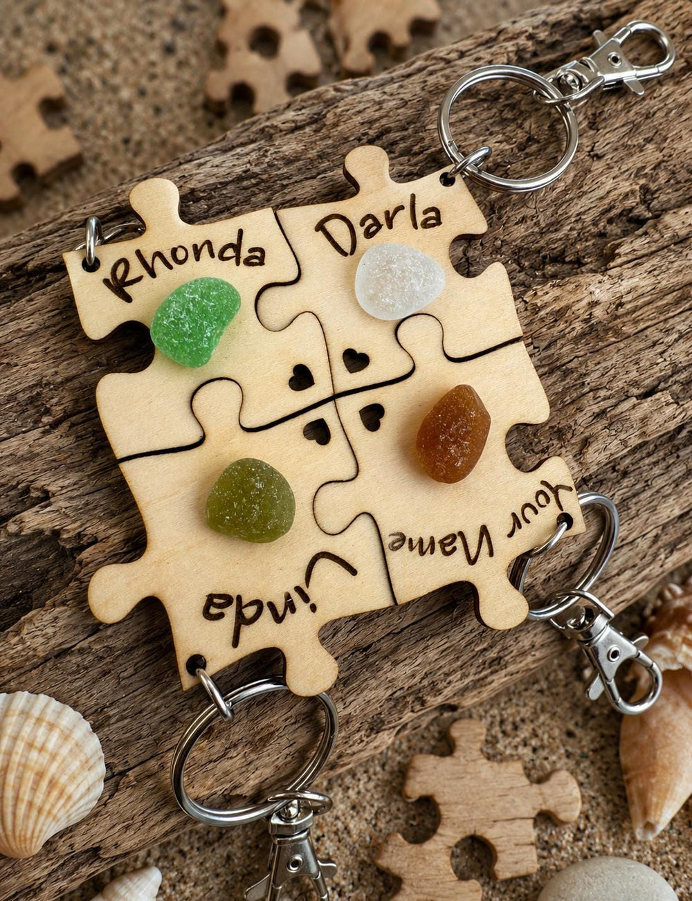 Personalized Puzzle Keychain Set – Engraved Wood & Sea Glass Friend Gift