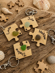 Personalized Puzzle Keychain Set – Engraved Wood & Sea Glass Friend Gift