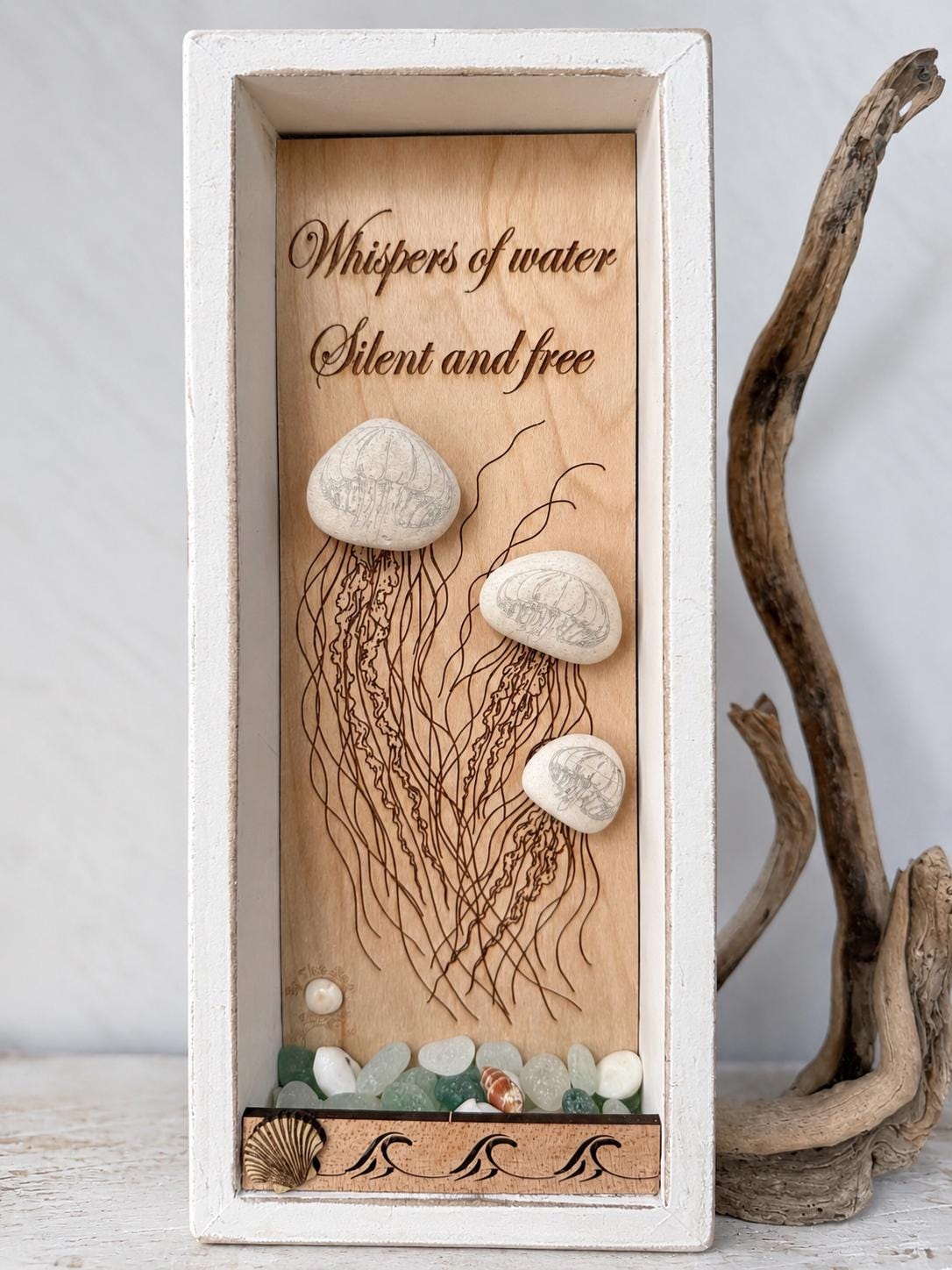 Rustic Shadow Box Jellyfish Art: Sea Glass, Shells & Poetic Quote