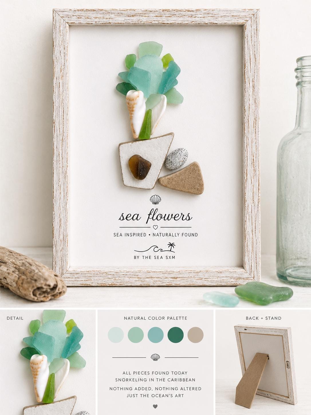 Sea Flowers Sea Glass Art Theraphy, Authentic Caribbean Sea Glass Bouquet, Coastal Beach Decor, Framed or Kit Handmade Sea Gl
