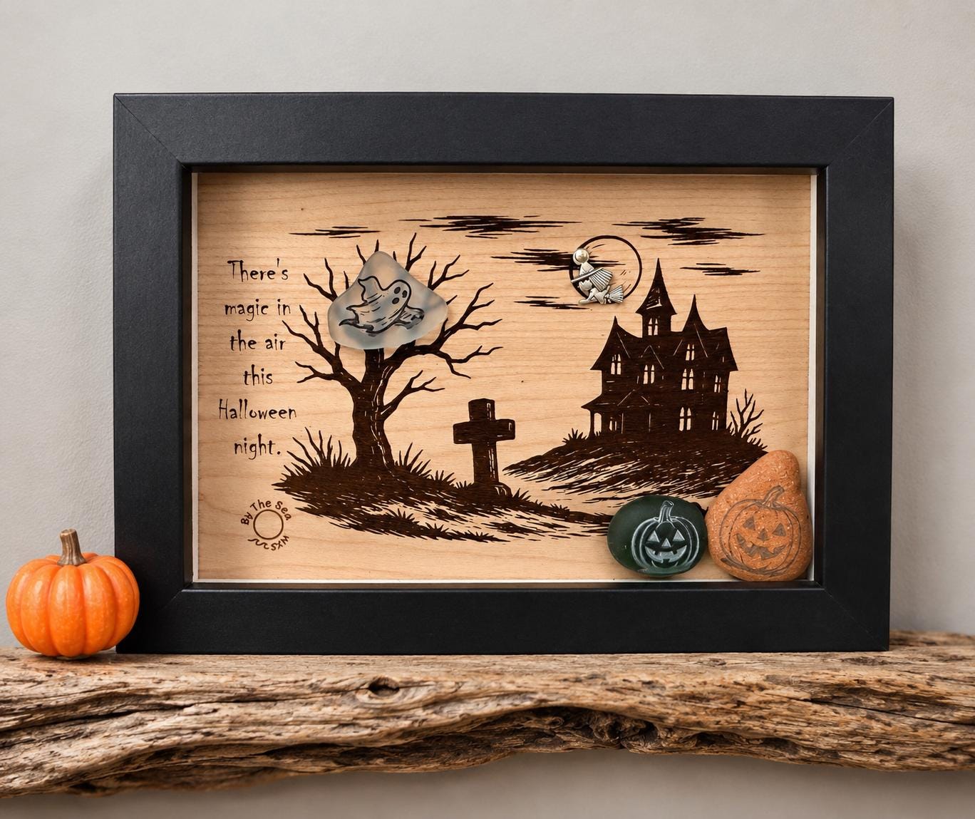 Halloween Haunted House Decor, Sea Glass Ghost Wall Art, Spooky Shadow Box, Coastal Halloween Decor, Handmade Sea Glass Art