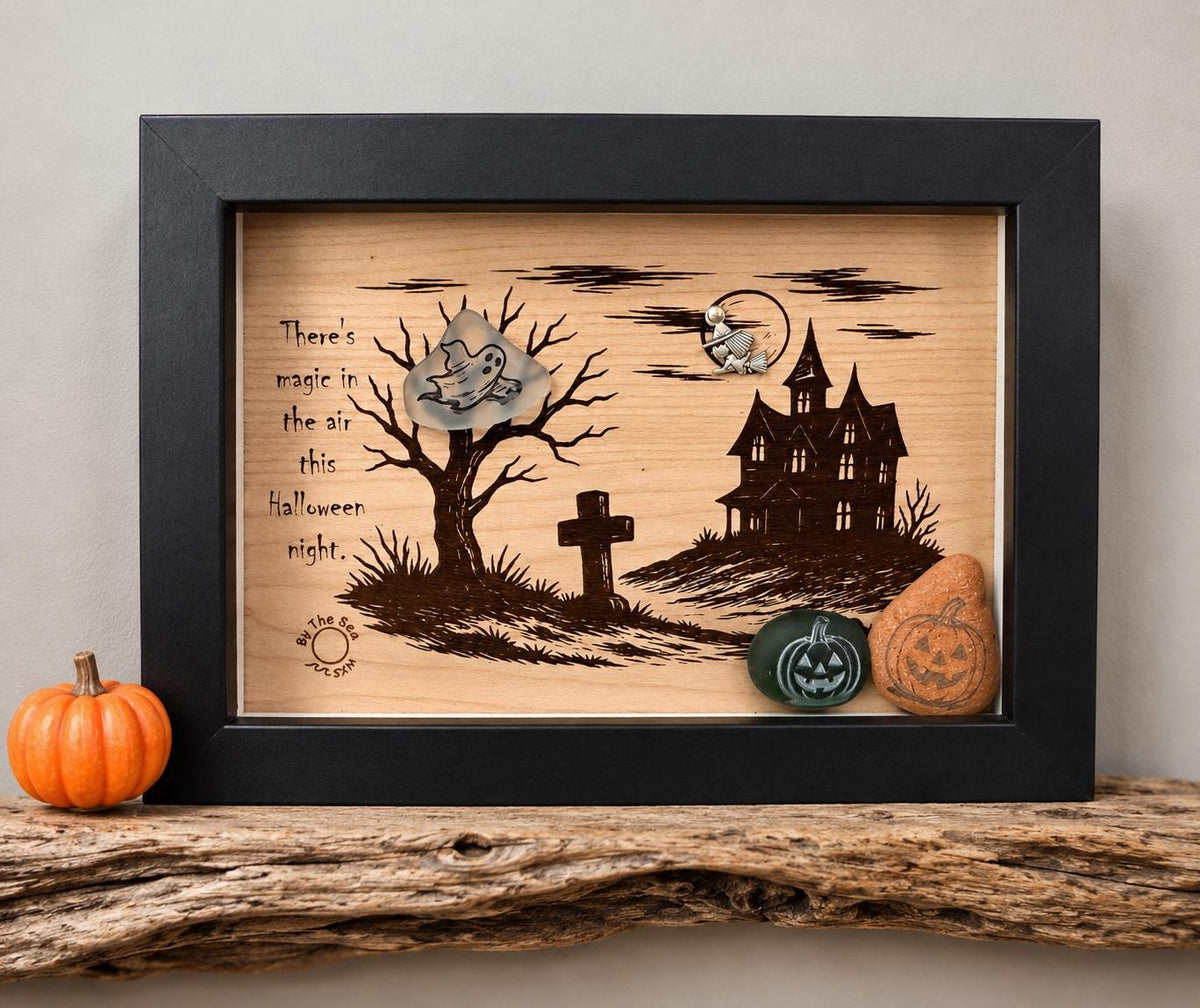 Halloween Haunted House Decor, Sea Glass Ghost Wall Art, Spooky Shadow Box, Coastal Halloween Decor, Handmade Sea Glass Art
