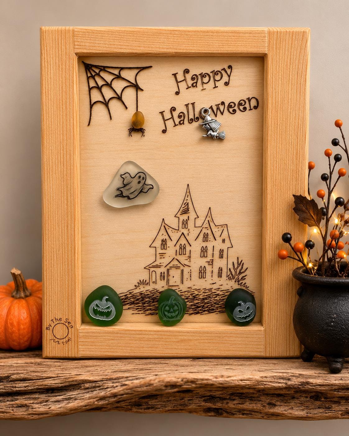 Halloween Haunted House Decor, Sea Glass Ghost Art, Spooky Tabletop Decor, Coastal Halloween, Handmade Sea Glass Pumpkin Art