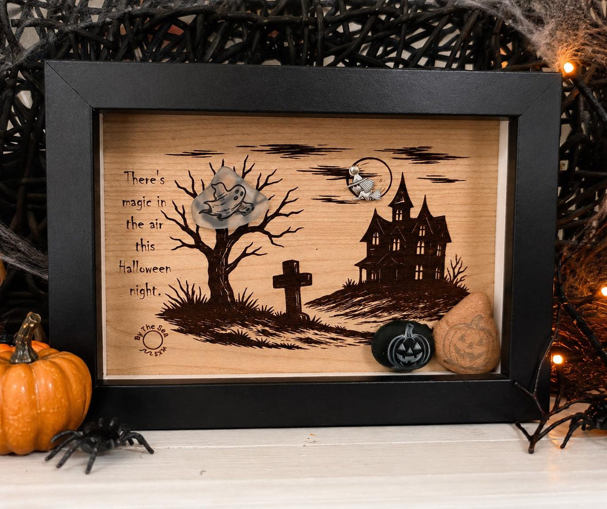 Halloween Haunted House Decor, Sea Glass Ghost Wall Art, Spooky Shadow Box, Coastal Halloween Decor, Handmade Sea Glass Art