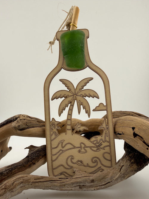 Caribbean Sea Glass Bottle Tag or Ornament, Message in a Bottle gift, Palm Tree, Sailboat or Compass Beach House Gift