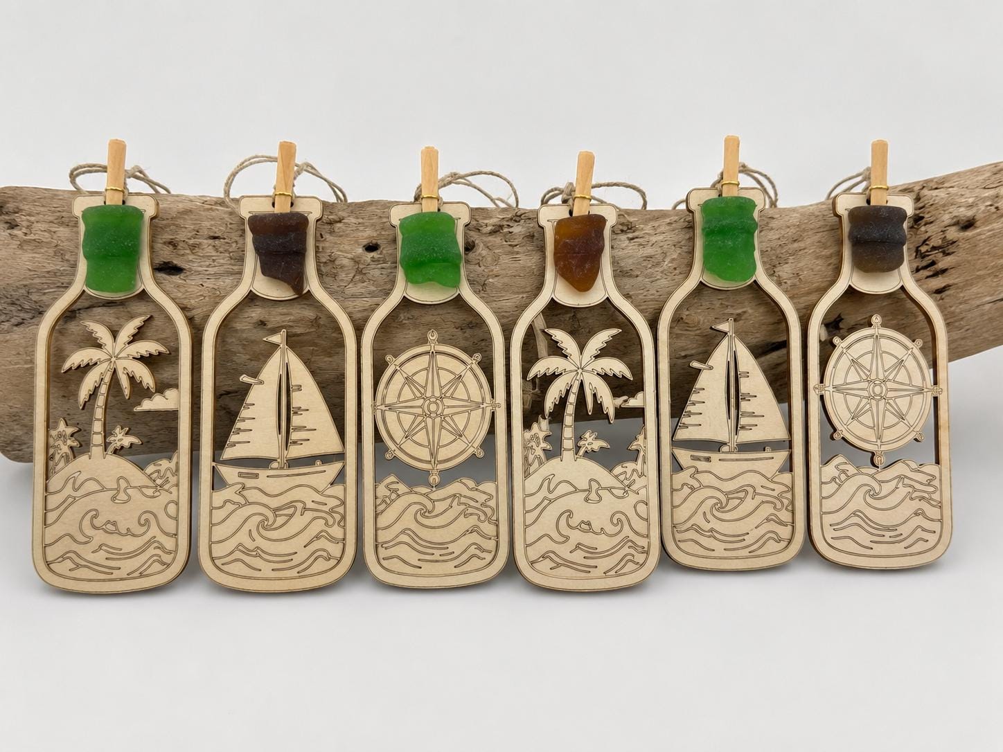 Caribbean Sea Glass Bottle Tag or Ornament, Message in a Bottle gift, Palm Tree, Sailboat or Compass Beach House Gift