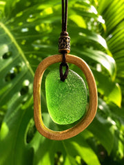 Carried by the Sea, Framed by Hand - A Fusion of Ocean and Wood - Authentic Caribbean Sea Glass Pendant Necklace