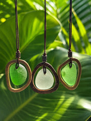 Carried by the Sea, Framed by Hand - A Fusion of Ocean and Wood - Authentic Caribbean Sea Glass Pendant Necklace