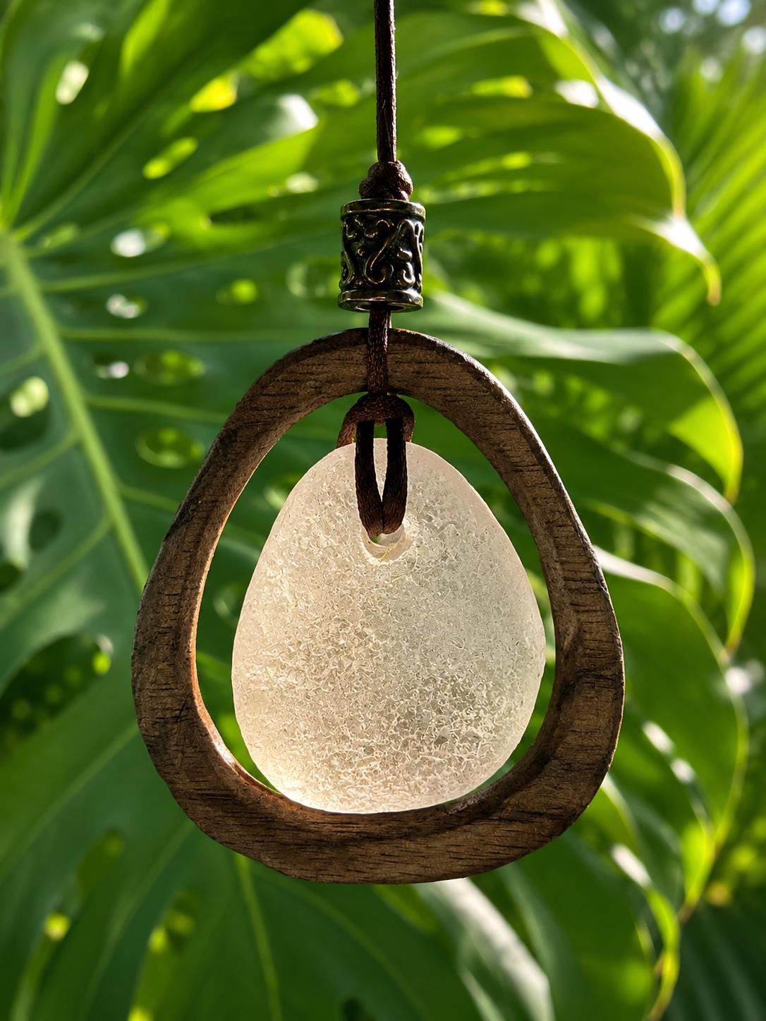 Carried by the Sea, Framed by Hand - A Fusion of Ocean and Wood - Authentic Caribbean Sea Glass Pendant Necklace