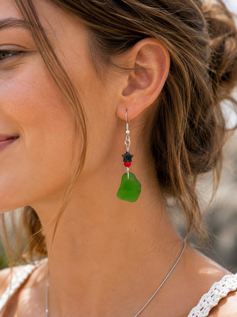 Green Sea Glass Christmas Earrings – Holiday Earrings, Caribbean Beach Jewelry Gift Christmas gift for friend (Under 20)