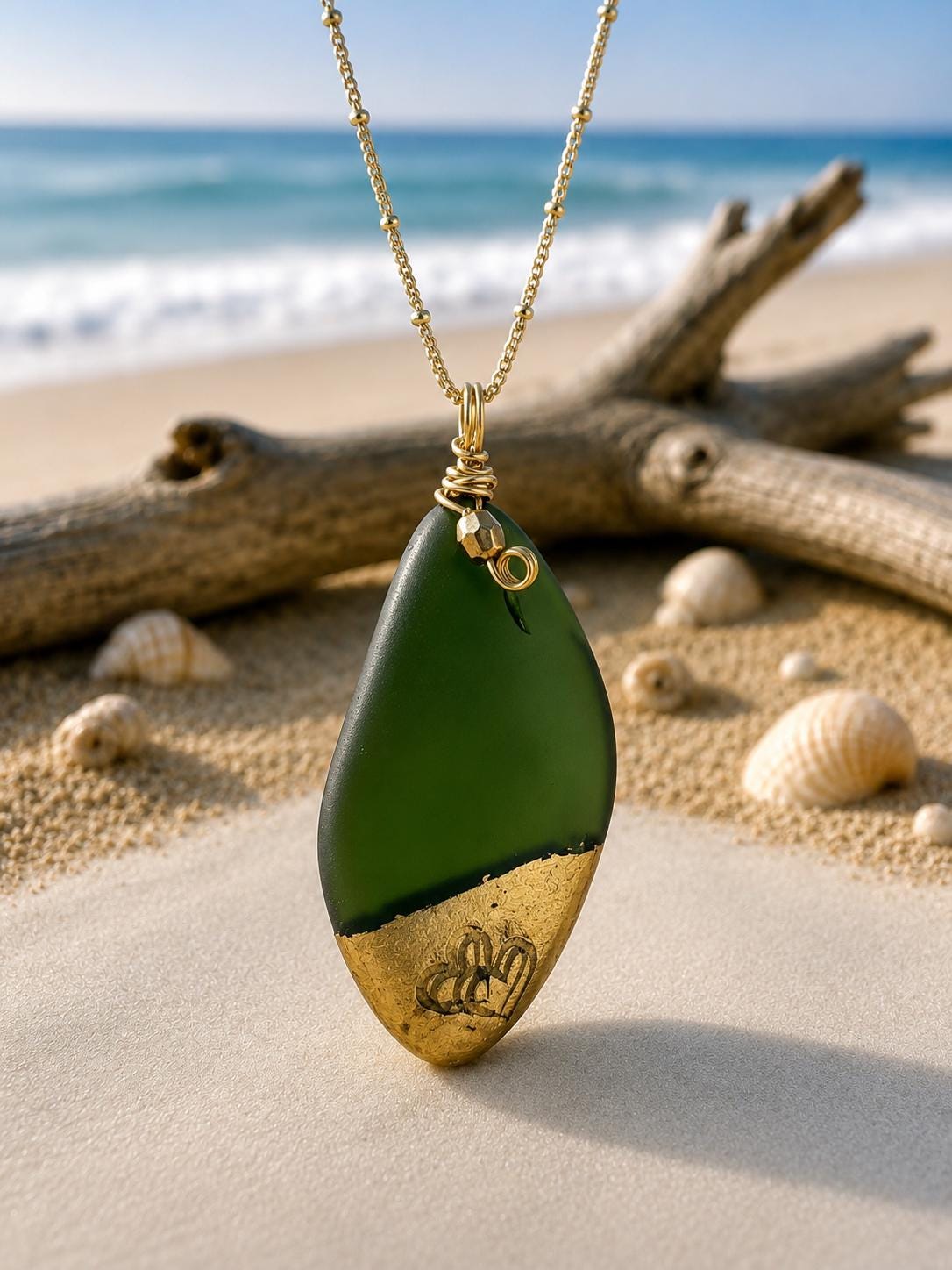 Kelly Green Sea Glass Pendant – Gold Leaf, Double Heart Necklace