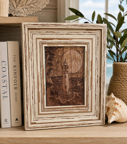 3D Engraved Lighthouse Art, Vintage Coastal Frame, Nautical Wood Decor