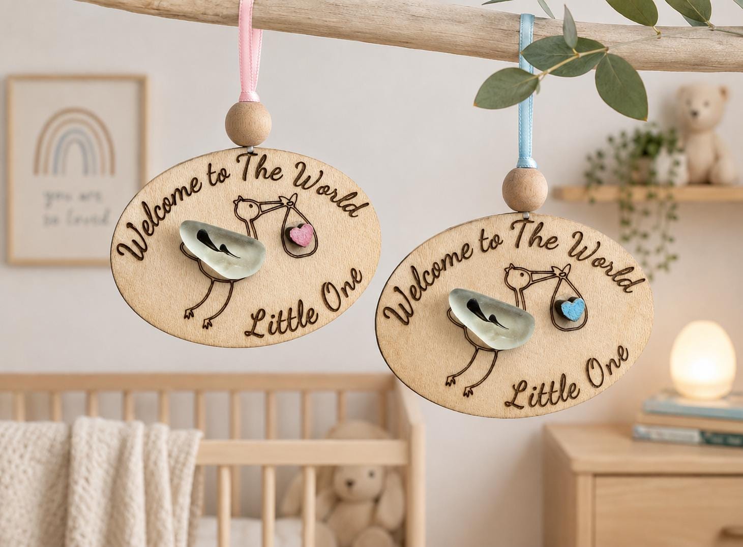 Sea Glass Baby Ornament, Wooden Welcome to the World Gift, Baby’s Shower Keepsake, Baby’s first Christmas