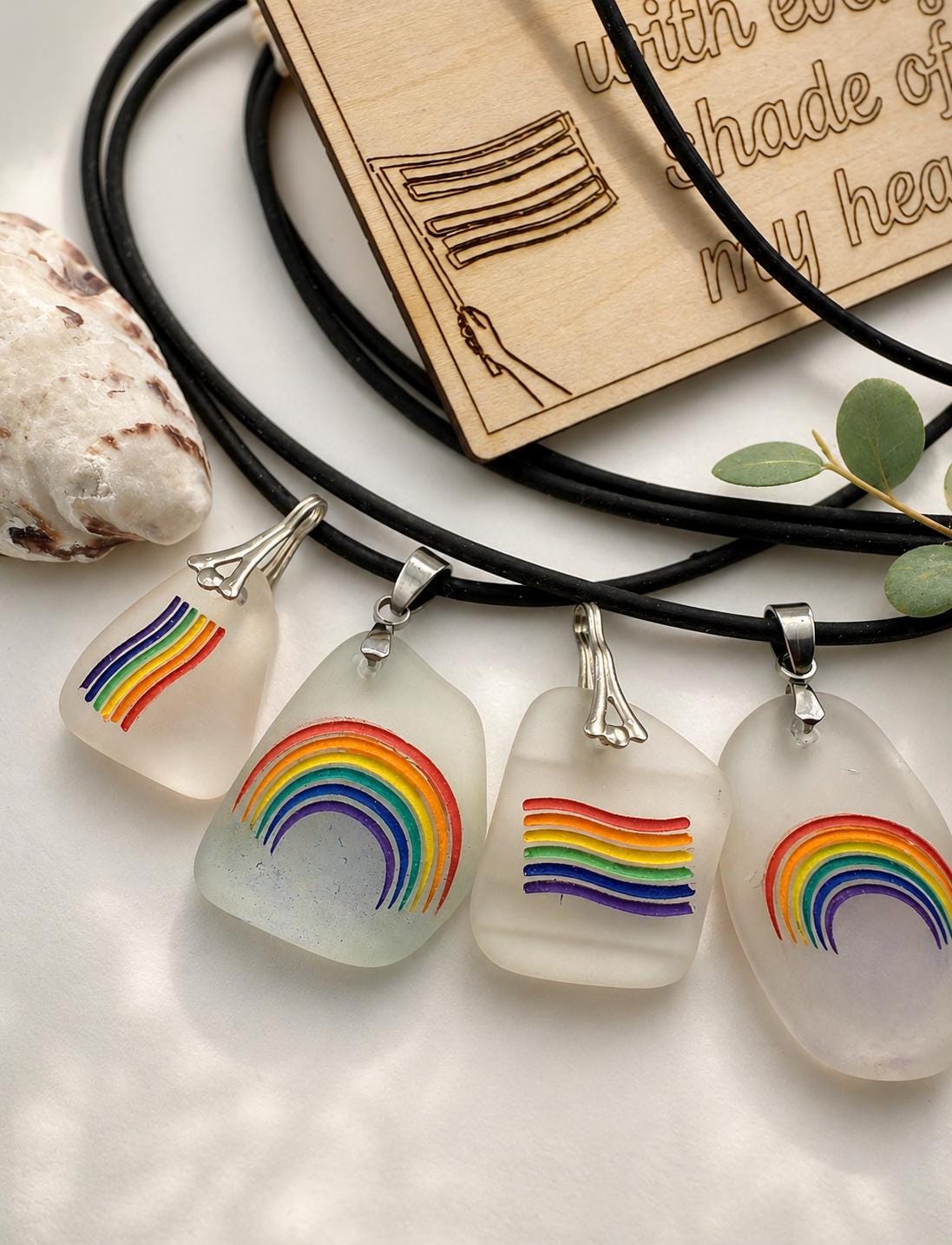 Rainbow Sea Glass Pendant: LGBTQ+ Pride Jewelry, Engraved Quote Plaque