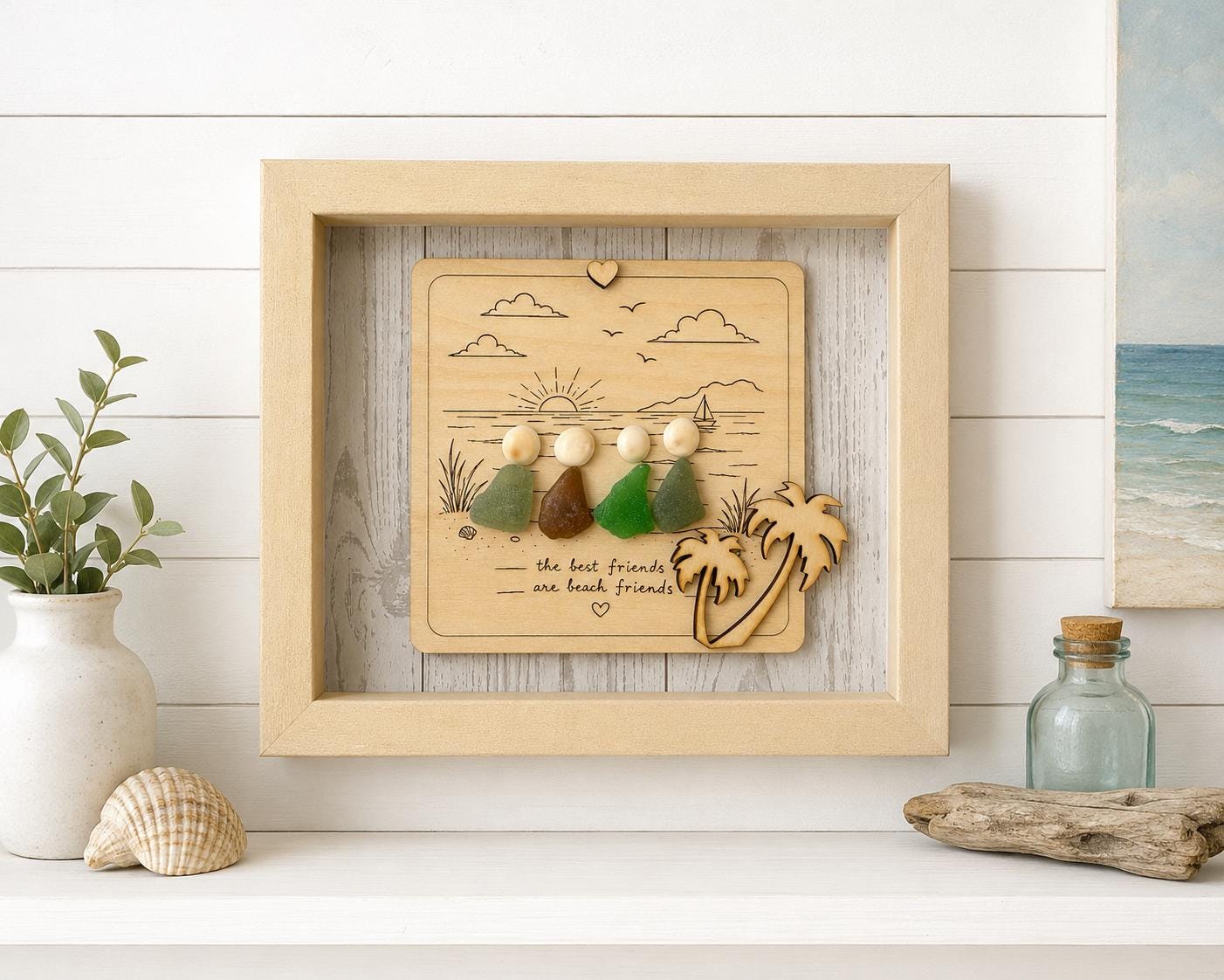 Beach Friends Are the Best Friends – Sea Glass Friendship Gift, Coastal Decor, Caribbean Sea Glass Art, 5x7 Frame