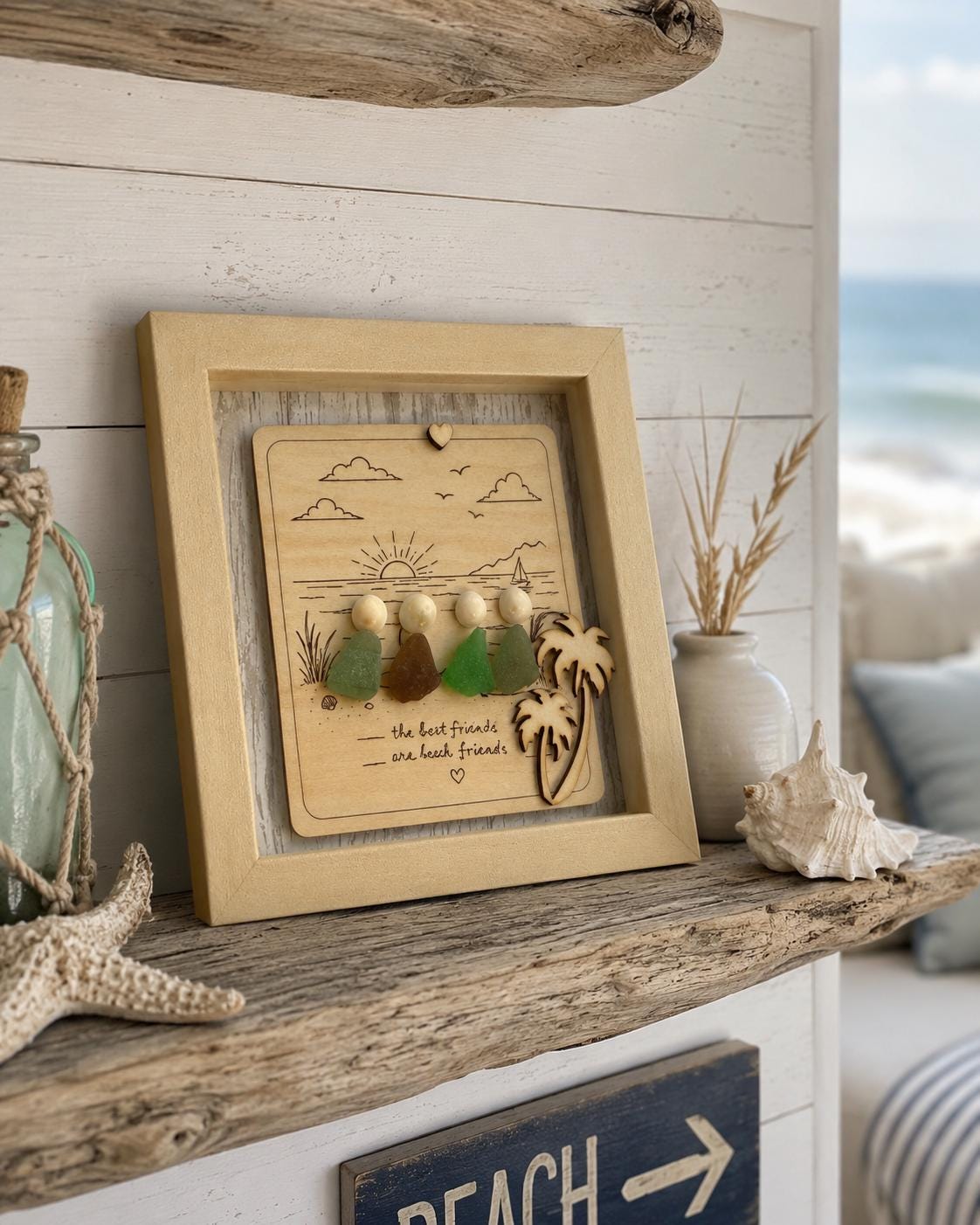 Beach Friends Are the Best Friends – Sea Glass Friendship Gift, Coastal Decor, Caribbean Sea Glass Art, 5x7 Frame