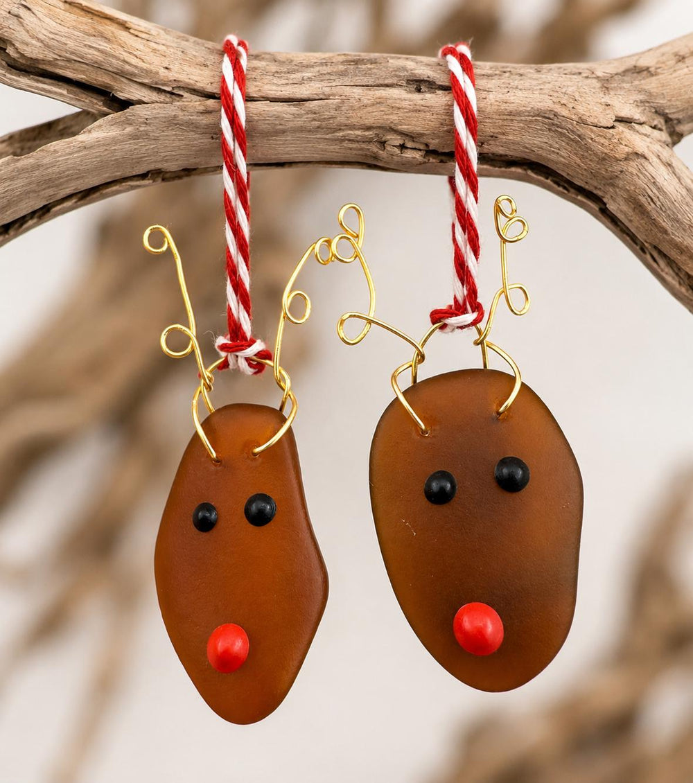 Set of 2, Sea Glass Reindeer Couple Christmas Ornaments, Handmade Coastal Holiday Decor