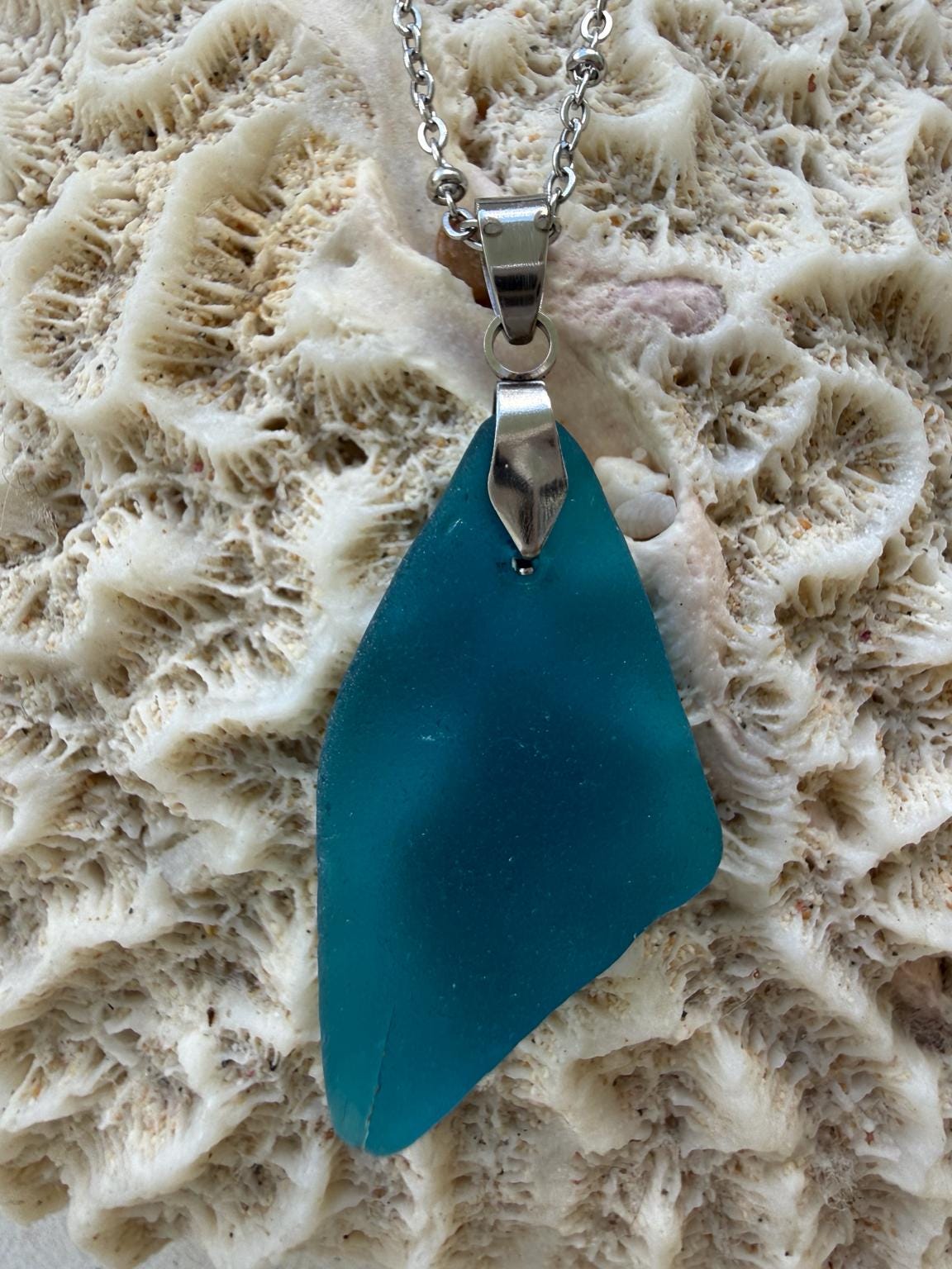 Rare Deep Turquoise Teal Sea Glass Necklace, Authentic Caribbean Beach Glass Pendant, Coastal Ocean Jewelry
