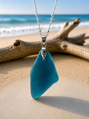 Rare Deep Turquoise Teal Sea Glass Necklace, Authentic Caribbean Beach Glass Pendant, Coastal Ocean Jewelry