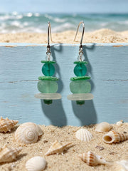 Mermaid Sea Glass Earrings with Palm Tree Holder, Caribbean Aqua Beach Glass Coastal Jewelry