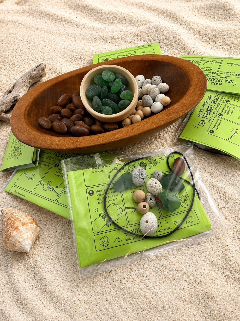 DIY Beach Treasure Friendship Bracelet Kit, Authentic Caribbean Sea Glass, Sea Bean & Coral Craft Kit, Family Activity