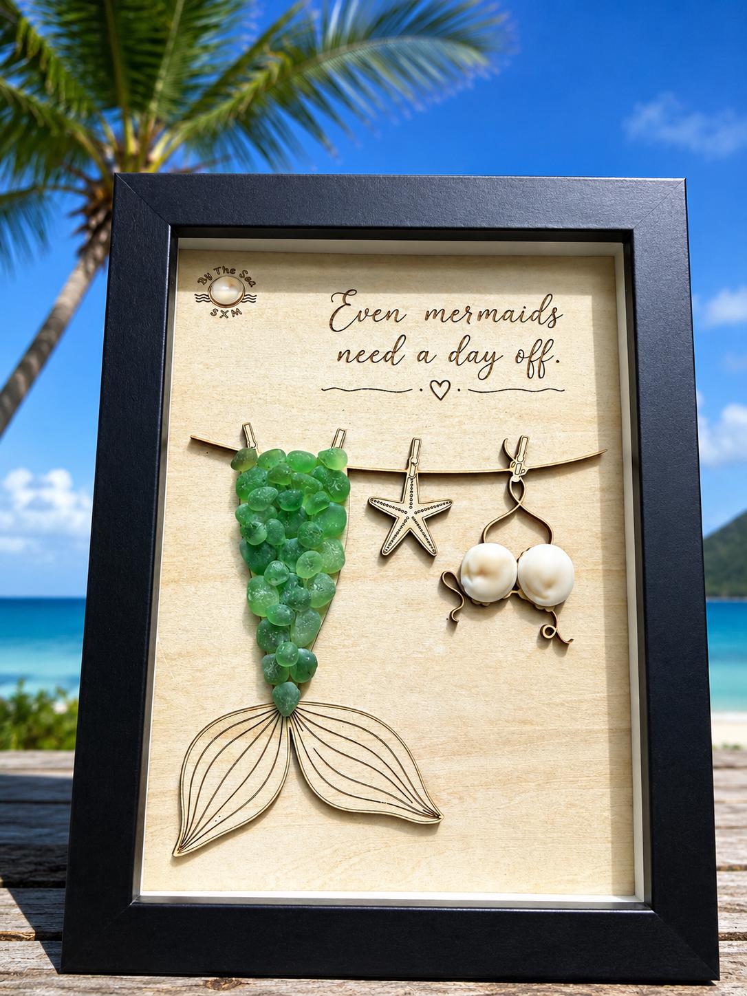 NEW Sea Glass Mermaid Laundry Day Shadow Box - Even Mermaids Need a Day Off - Handmade Coastal Beach Decor - 5x7 Personalized
