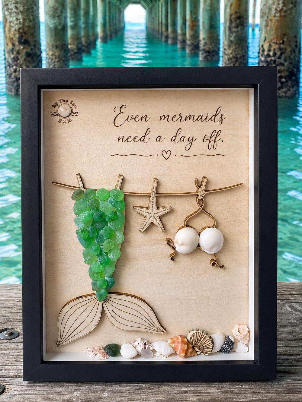 NEW Sea Glass Mermaid Laundry Day Shadow Box - Even Mermaids Need a Day Off - Handmade Coastal Beach Decor - 5x7 Personalized