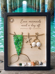 NEW Sea Glass Mermaid Laundry Day Shadow Box - Even Mermaids Need a Day Off - Handmade Coastal Beach Decor - 5x7 Personalized