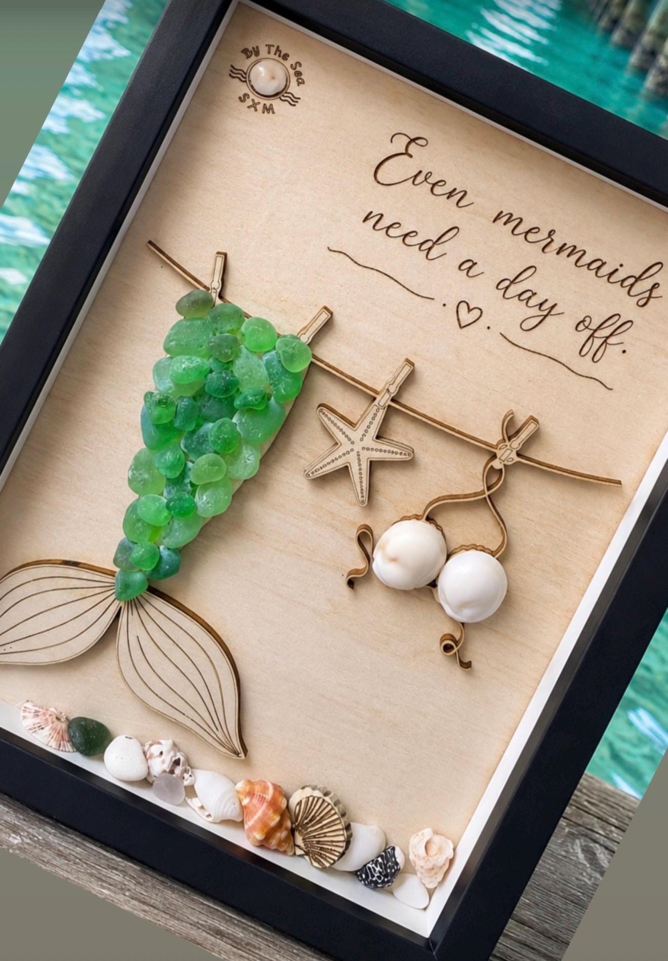 NEW Sea Glass Mermaid Laundry Day Shadow Box - Even Mermaids Need a Day Off - Handmade Coastal Beach Decor - 5x7 Personalized
