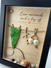 NEW Sea Glass Mermaid Laundry Day Shadow Box - Even Mermaids Need a Day Off - Handmade Coastal Beach Decor - 5x7 Personalized