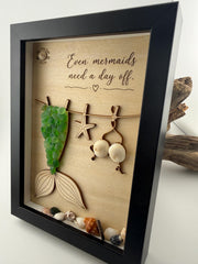 NEW Sea Glass Mermaid Laundry Day Shadow Box - Even Mermaids Need a Day Off - Handmade Coastal Beach Decor - 5x7 Personalized