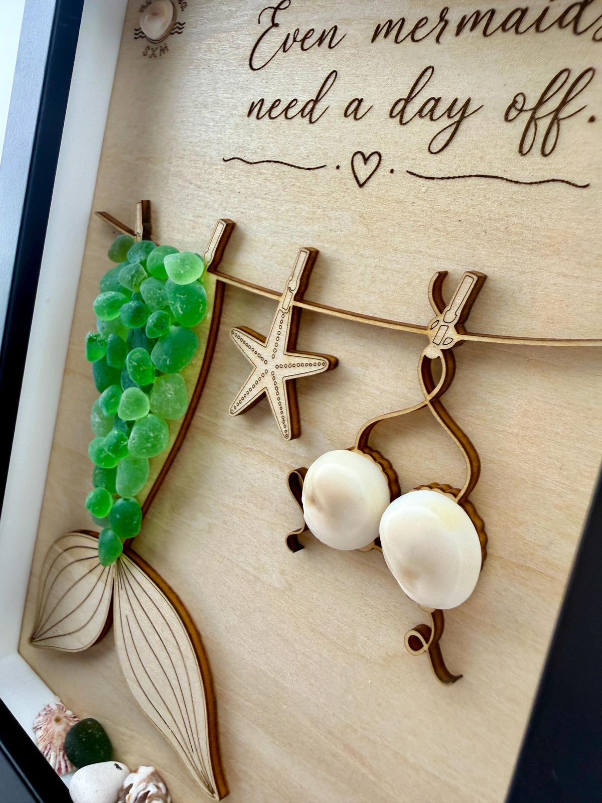 NEW Sea Glass Mermaid Laundry Day Shadow Box - Even Mermaids Need a Day Off - Handmade Coastal Beach Decor - 5x7 Personalized