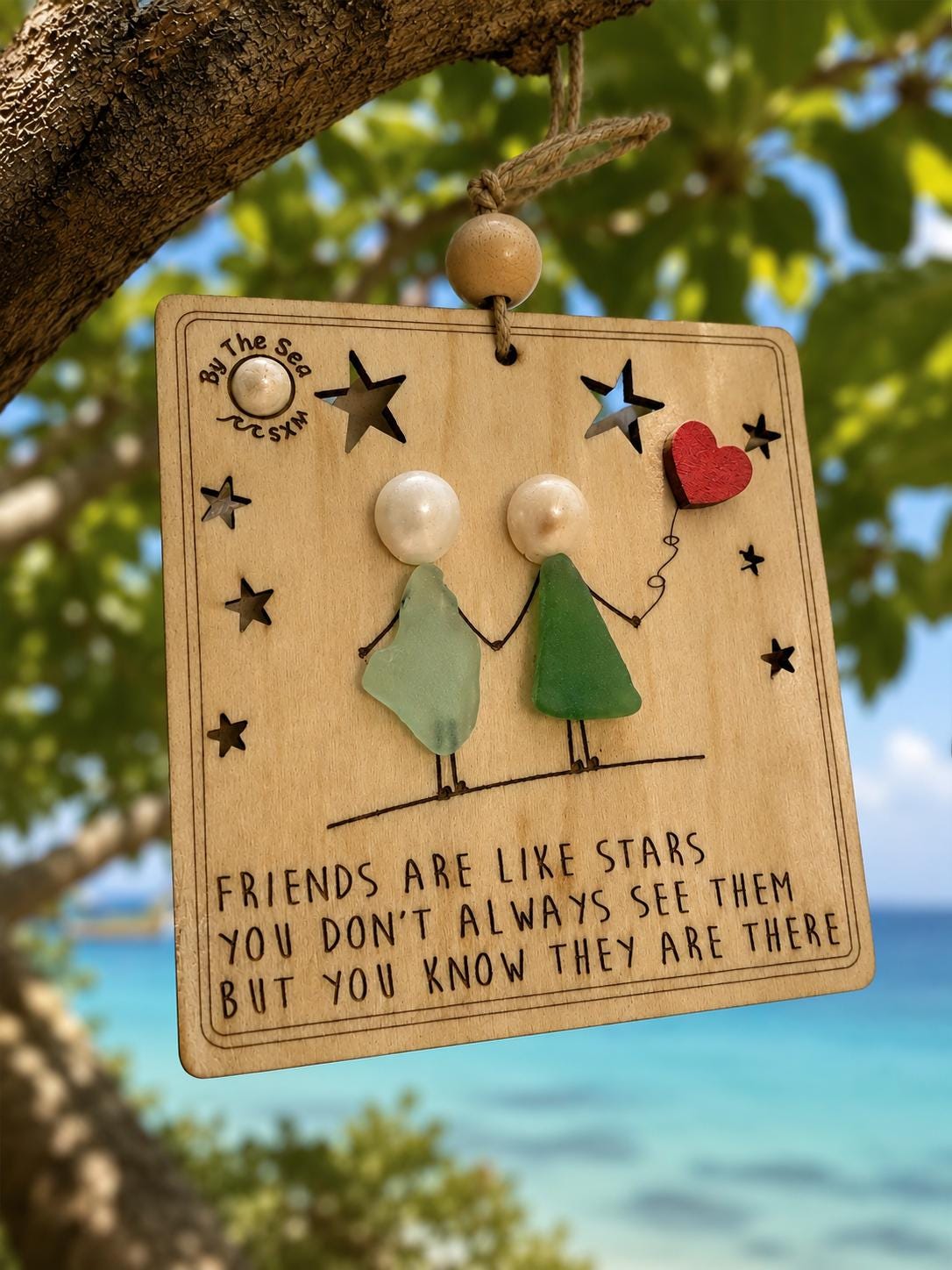 Sea Glass Friendship Ornament, Friends are like Stars, Personalized BFF Group Gift, Handmade Wooden Art