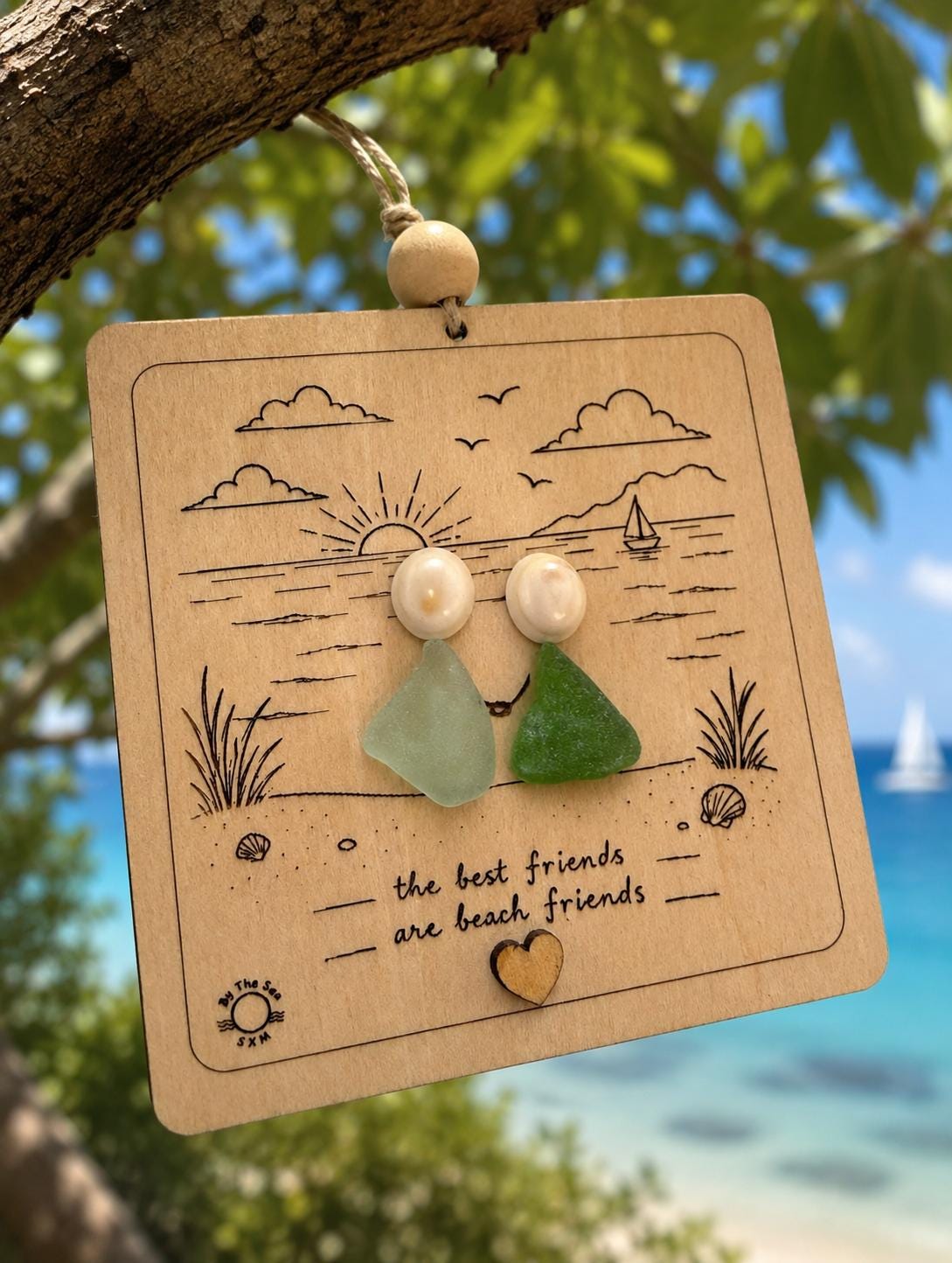 Beach Friends Ornament, Sea Glass Friendship Gift, Personalized Coastal Keepsake, Caribbean Sea Glass Decor