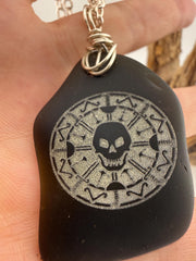 Rare Pirate Sea Glass Necklace – Laser Engraved Caribbean Sea Glass Pendant, Thick Authentic Black Pirate Glass, Gift for Him