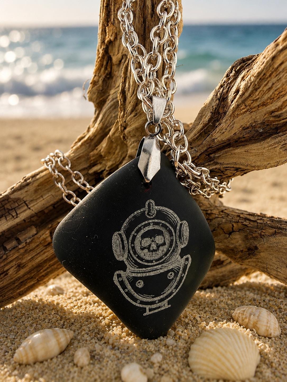 Rare Pirate Sea Glass Necklace – Laser Engraved Caribbean Sea Glass Pendant, Thick Authentic Black Pirate Glass, Gift for Him