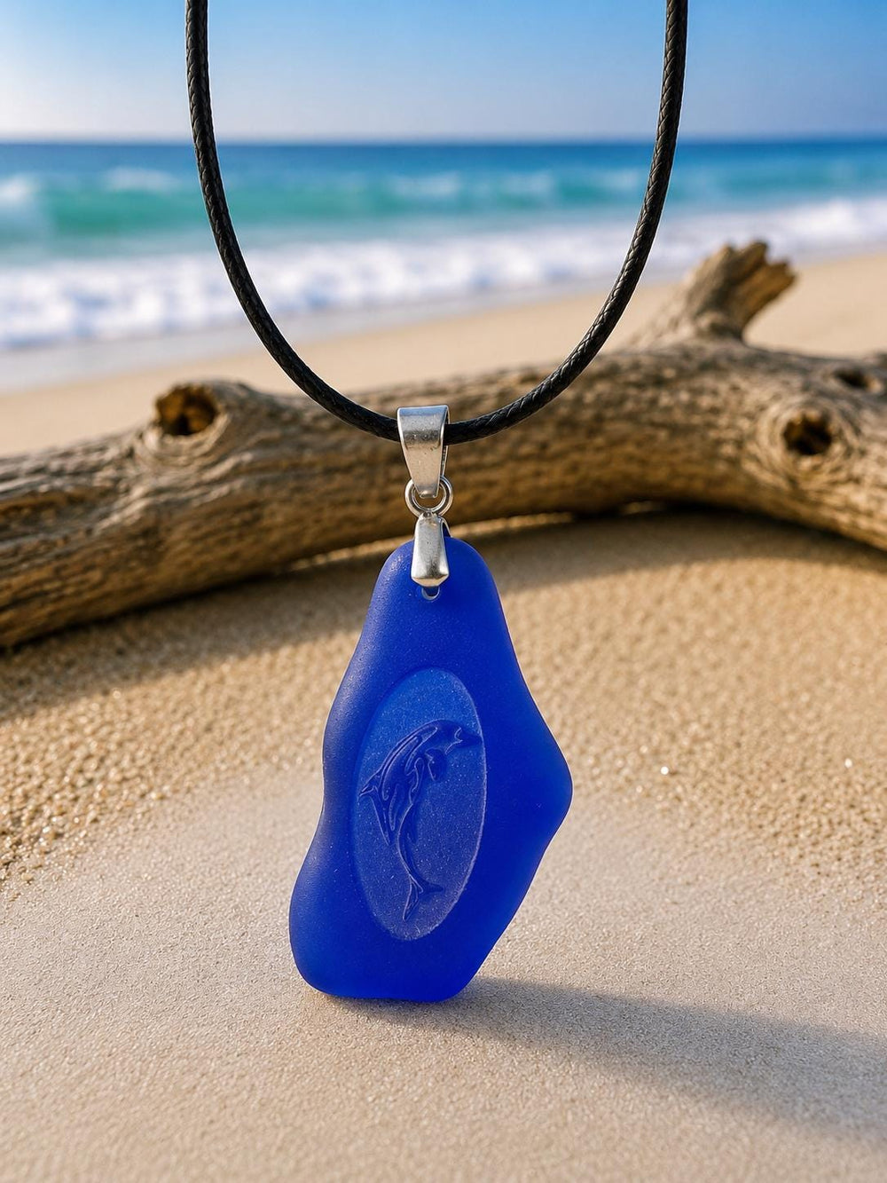 Cobalt Blue Sea Glass Dolphin Necklace: Engraved Ocean Pendant