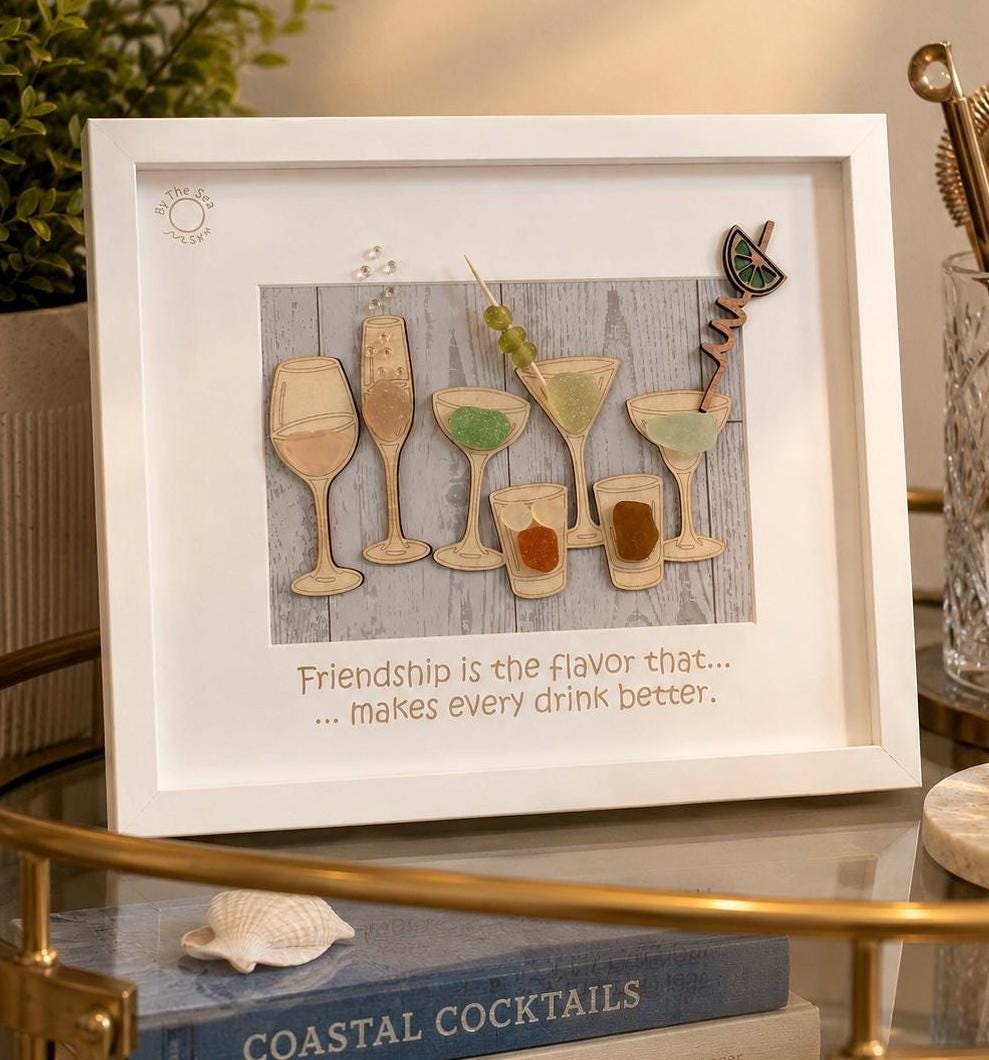 Coastal Cocktail Wall Art – Genuine Caribbean Sea Glass – Home Bar Decor – Friendship Gift – Handmade Coastal Decor