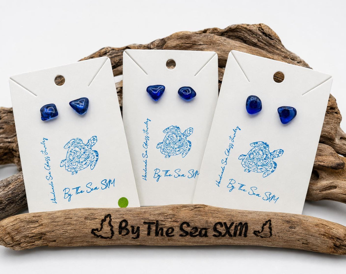 Cobalt Blue Sea Glass Stud Earrings – Caribbean Stainless Steel Posts