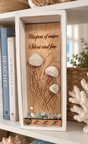 Rustic Shadow Box Jellyfish Art: Sea Glass, Shells & Poetic Quote