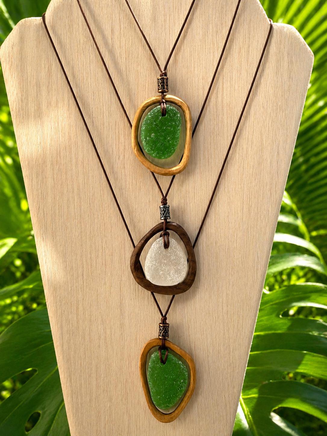 Carried by the Sea, Framed by Hand - A Fusion of Ocean and Wood - Authentic Caribbean Sea Glass Pendant Necklace